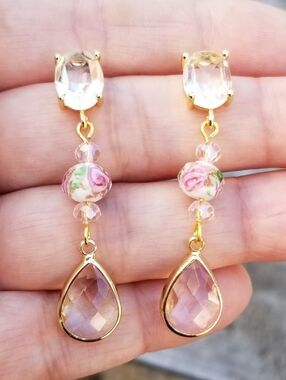 14k Gold Lampwork Glass Beaded Crystal Dangle Stud Earrings Handmade